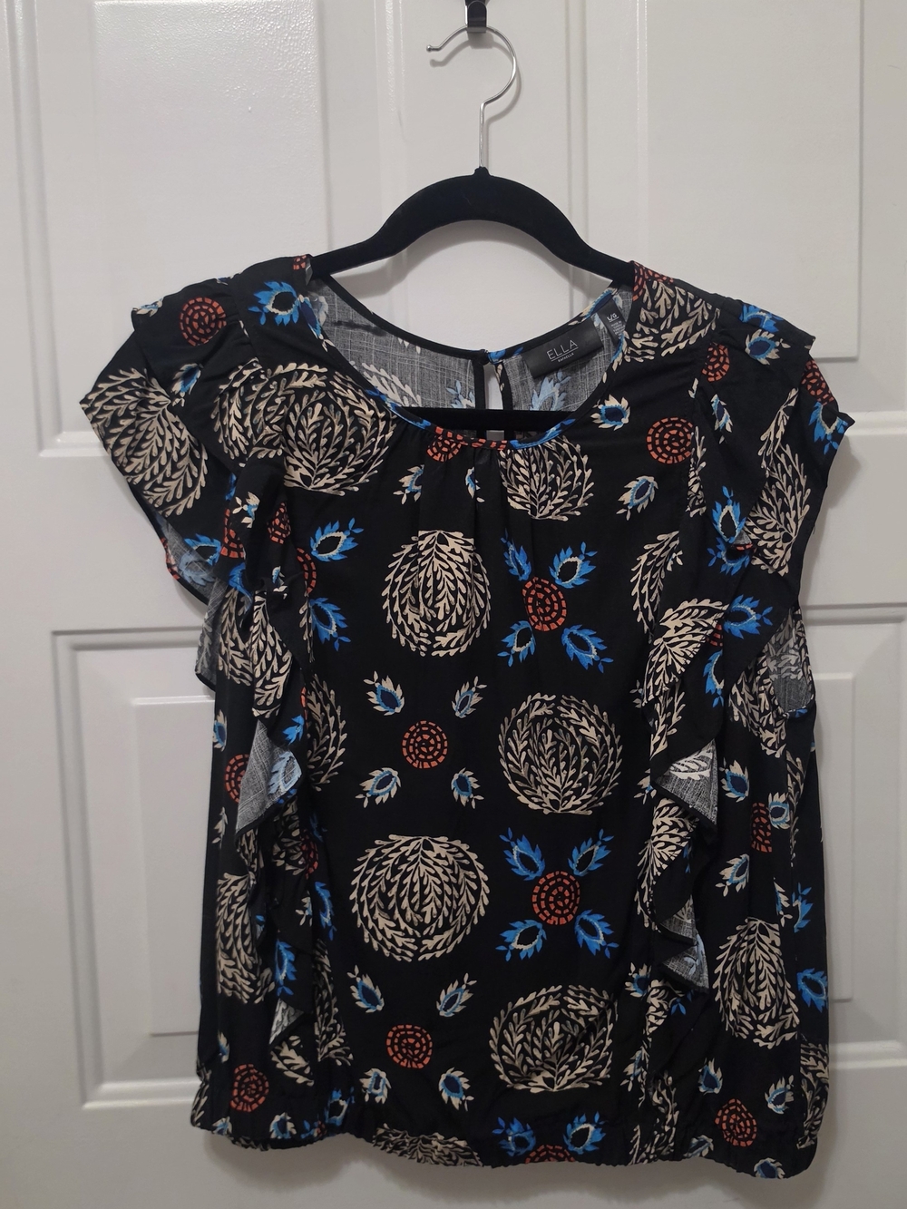 Ella Rafaella Black Floral Ruffle Sleeve Blouse Size Large